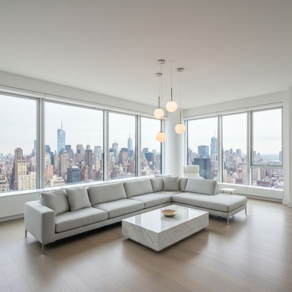 Modern luxury apartment interior with city skyline views